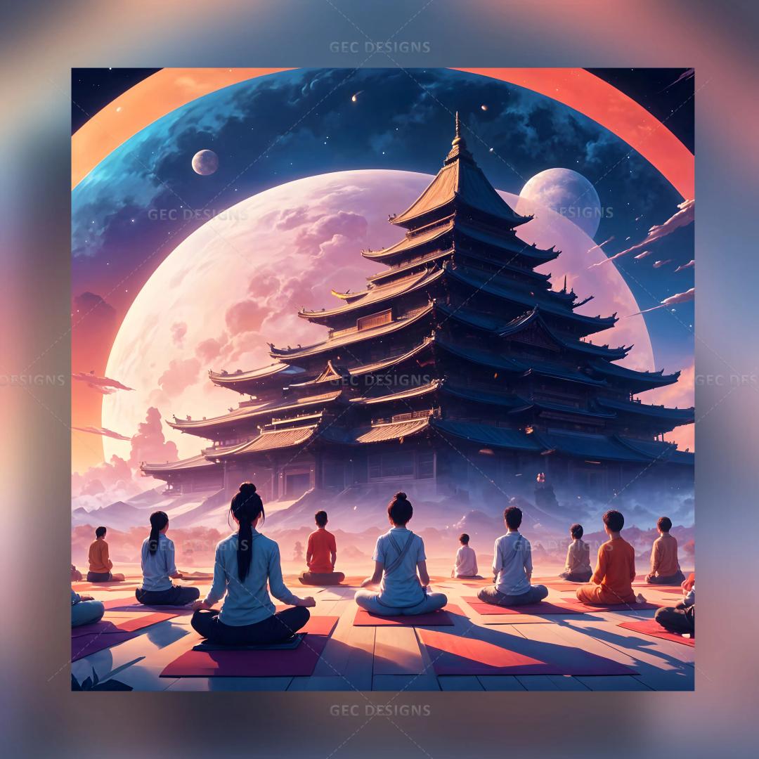 International Yoga Day wallpaper, people meditating before an ancient temple