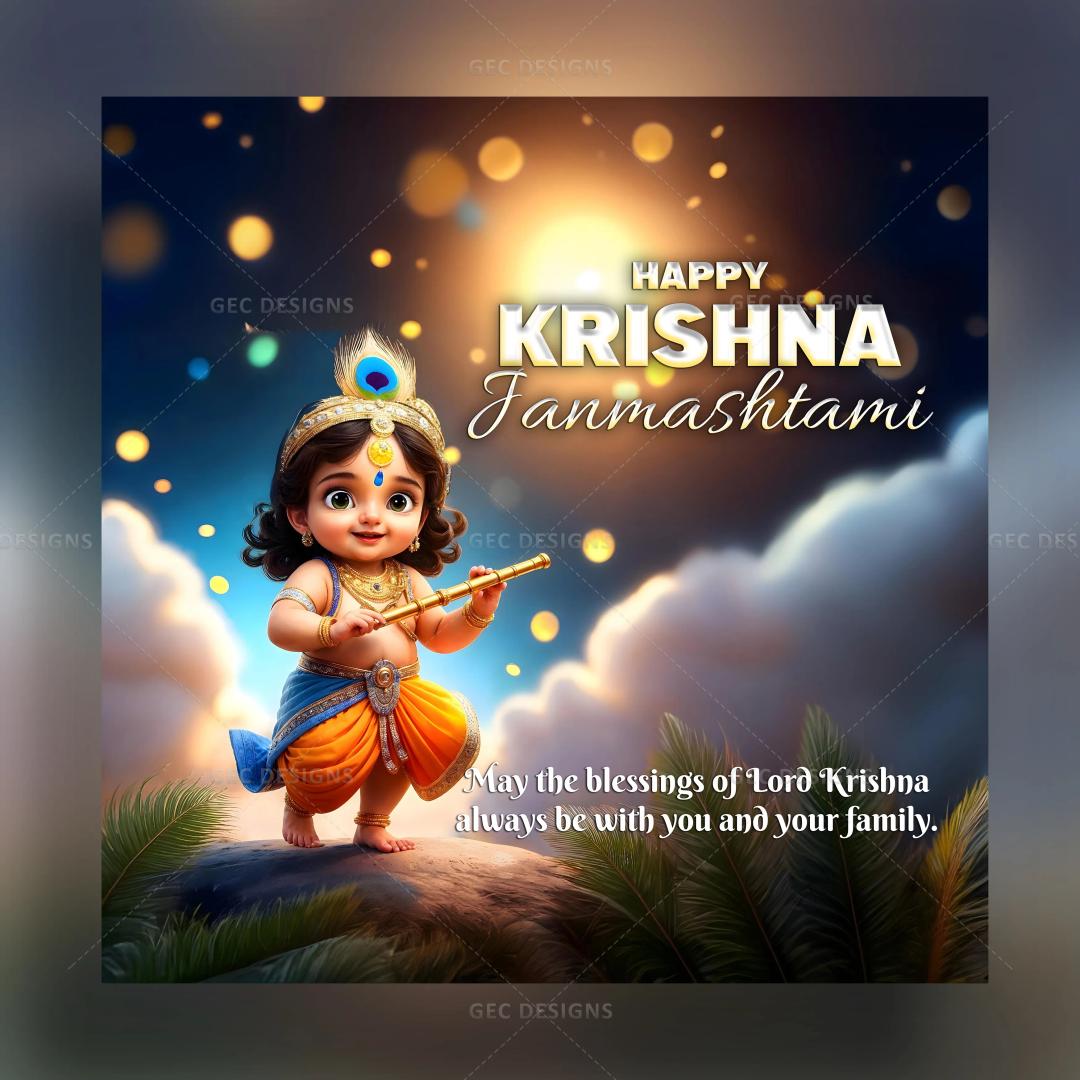 Janmashtami 2024 greetings, quotes poster image, beautiful little Krishna with flute, dreamy cloud background wallpaper