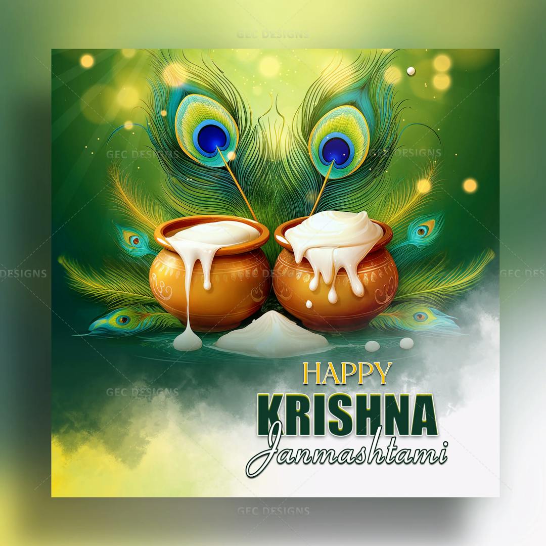 Janmashtami image, butter pot with the peacock feather, green background wallpaper