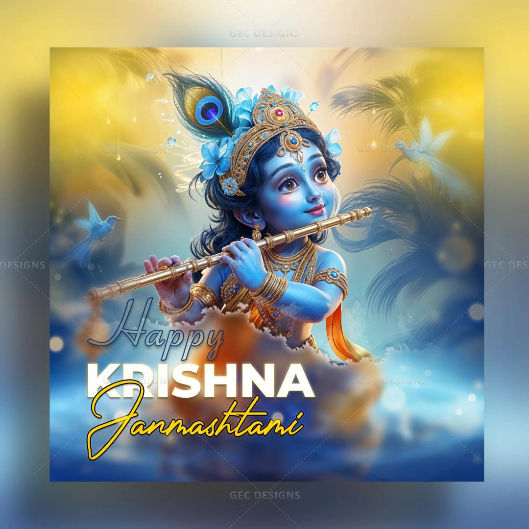 Janmashtami poster cute blue Krishna with flute HD wallpaper