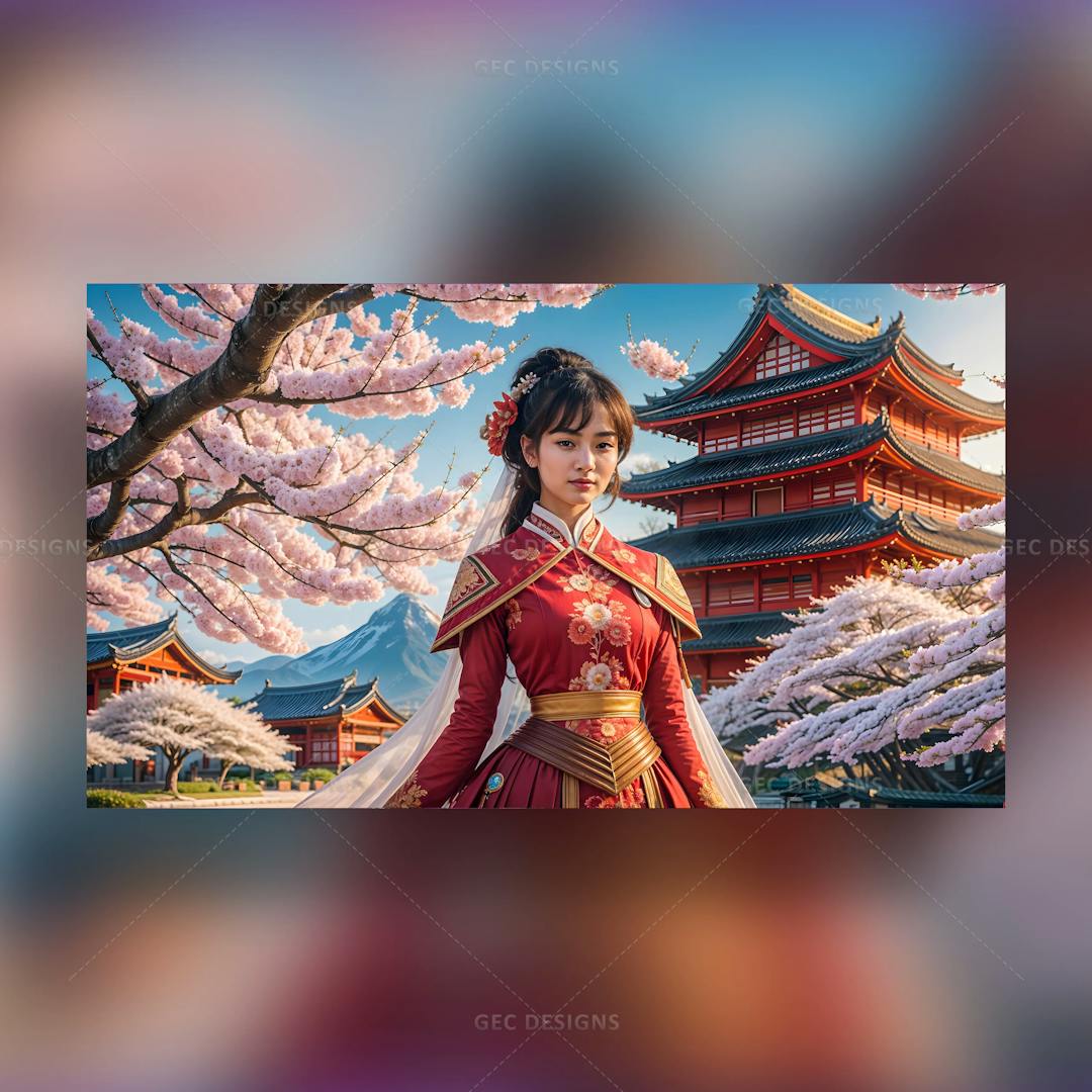 Japanese princess AI Generated wallpaper, ancient Japanese palace with garden background