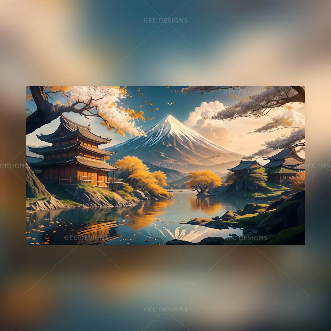 Japanese village AI Generated wallpaper mountain Fuji and river background