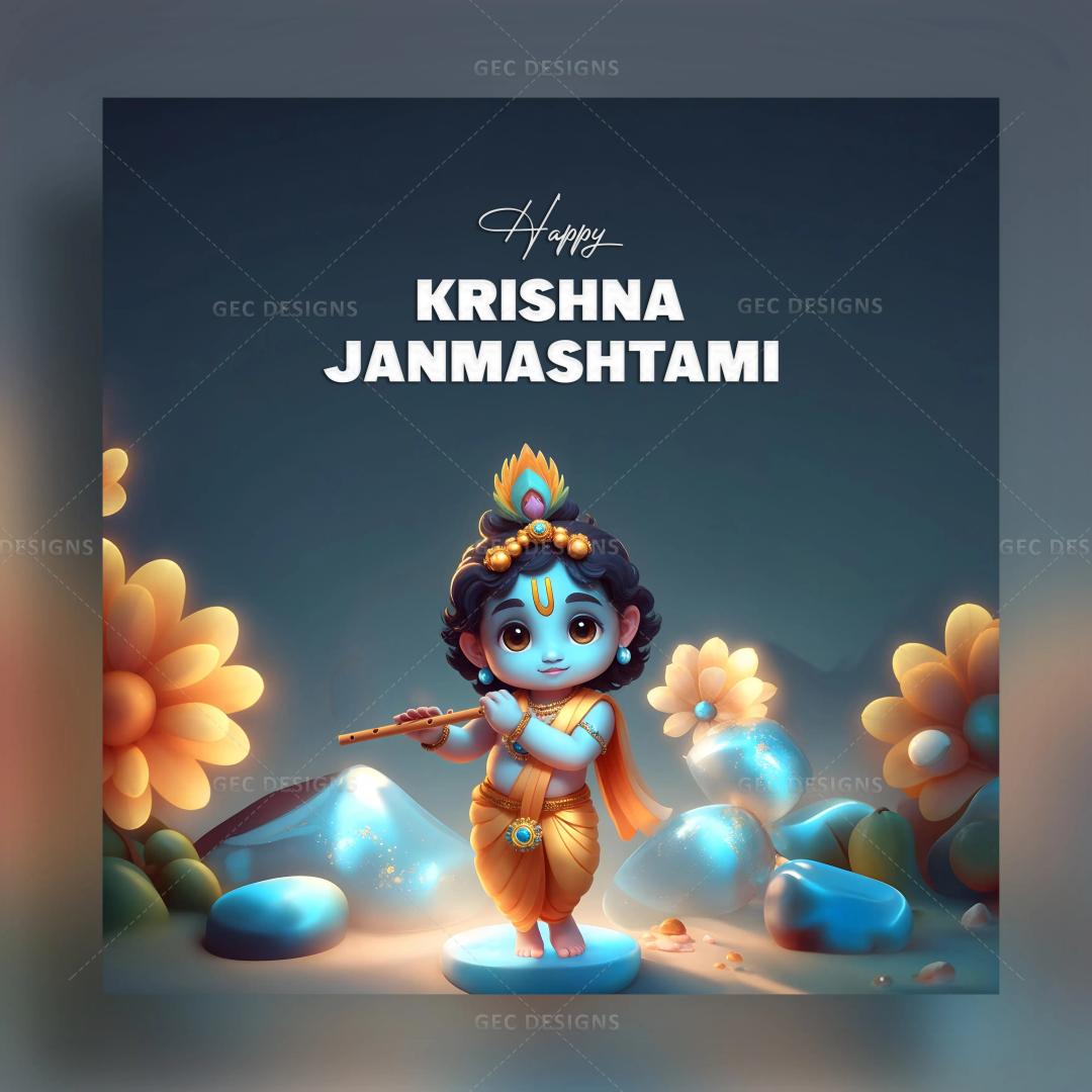 Krishna Janmashtami 2024 poster image, Animated cartoon Bal Krishna with flute wallpaper