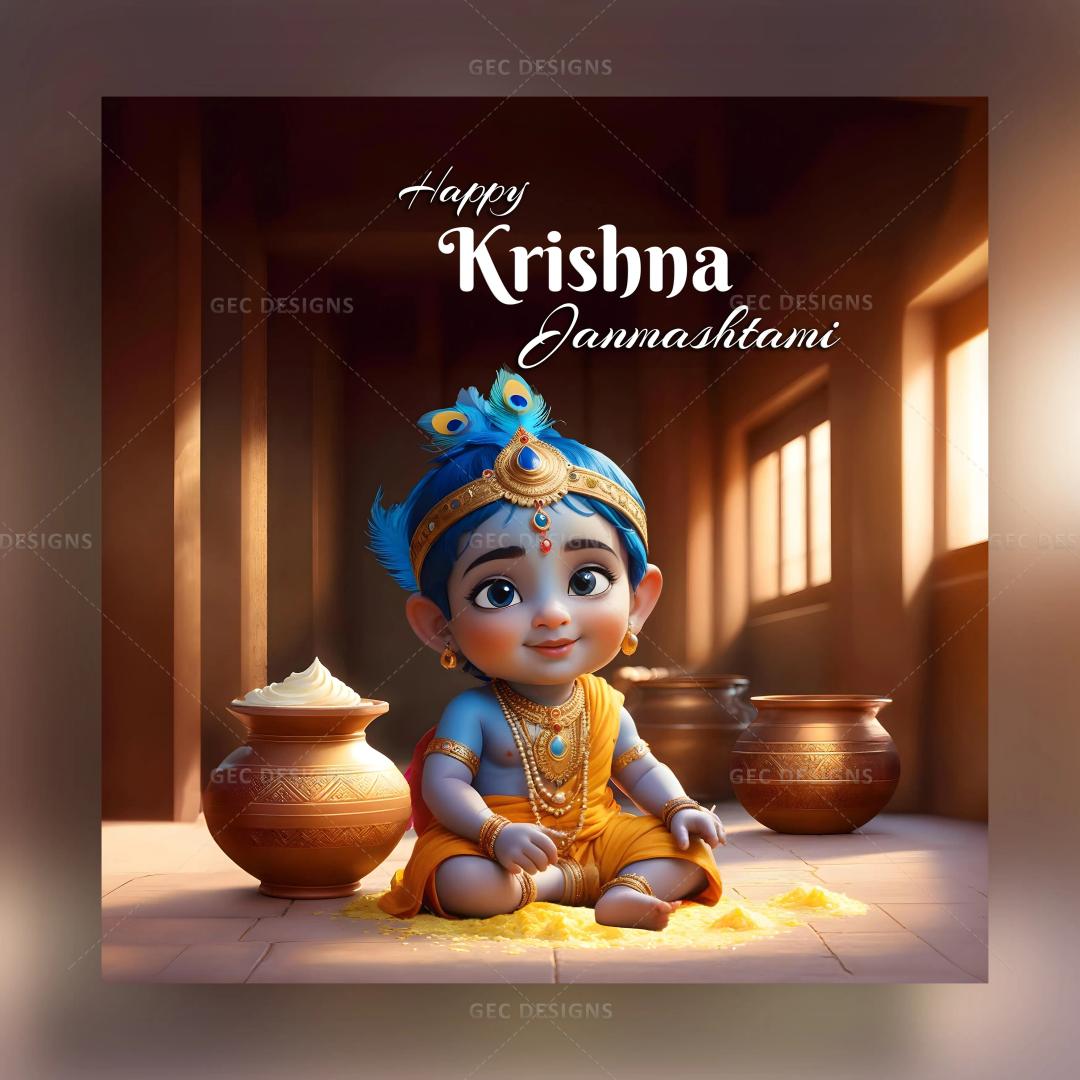 Krishna Janmashtami 2024 wishes and quotes wallpaper, beautiful little Krishna eating butter and butter pot background