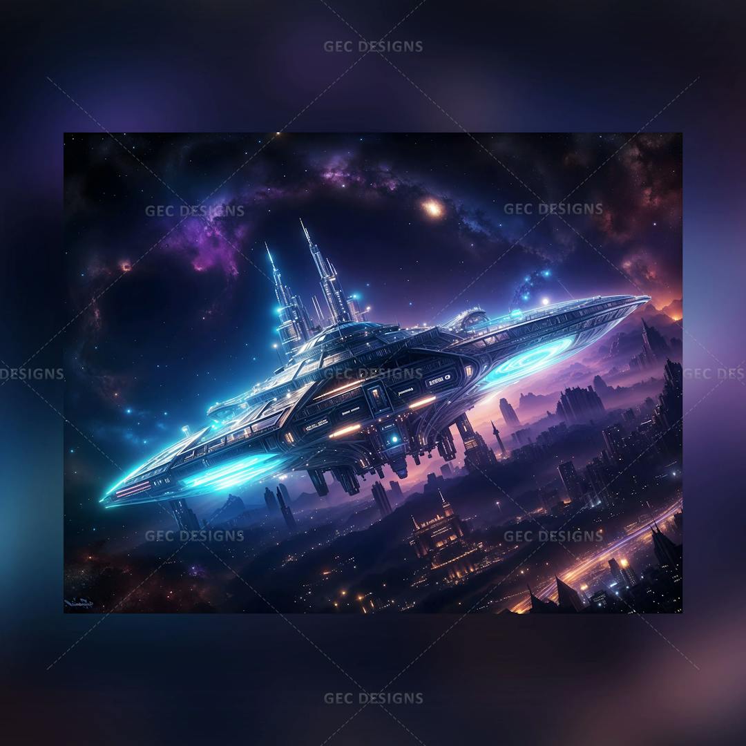 Large alien spaceship flying over the city at night, neon effect AI Generated wallpaper