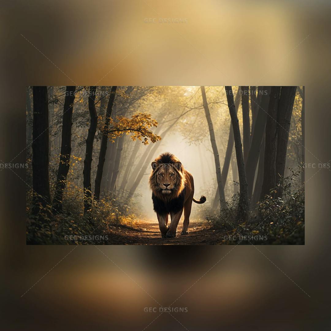 Lion in the forest background AI Generated wallpaper