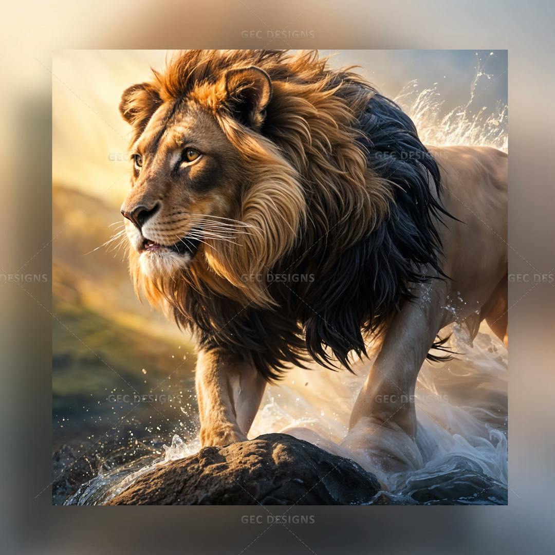 Lion in water AI generated wallpaper with mountain background