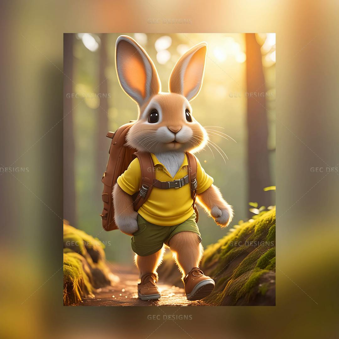 Little cute 3D rabbit goes hiking with backpack AI Generated wallpaper