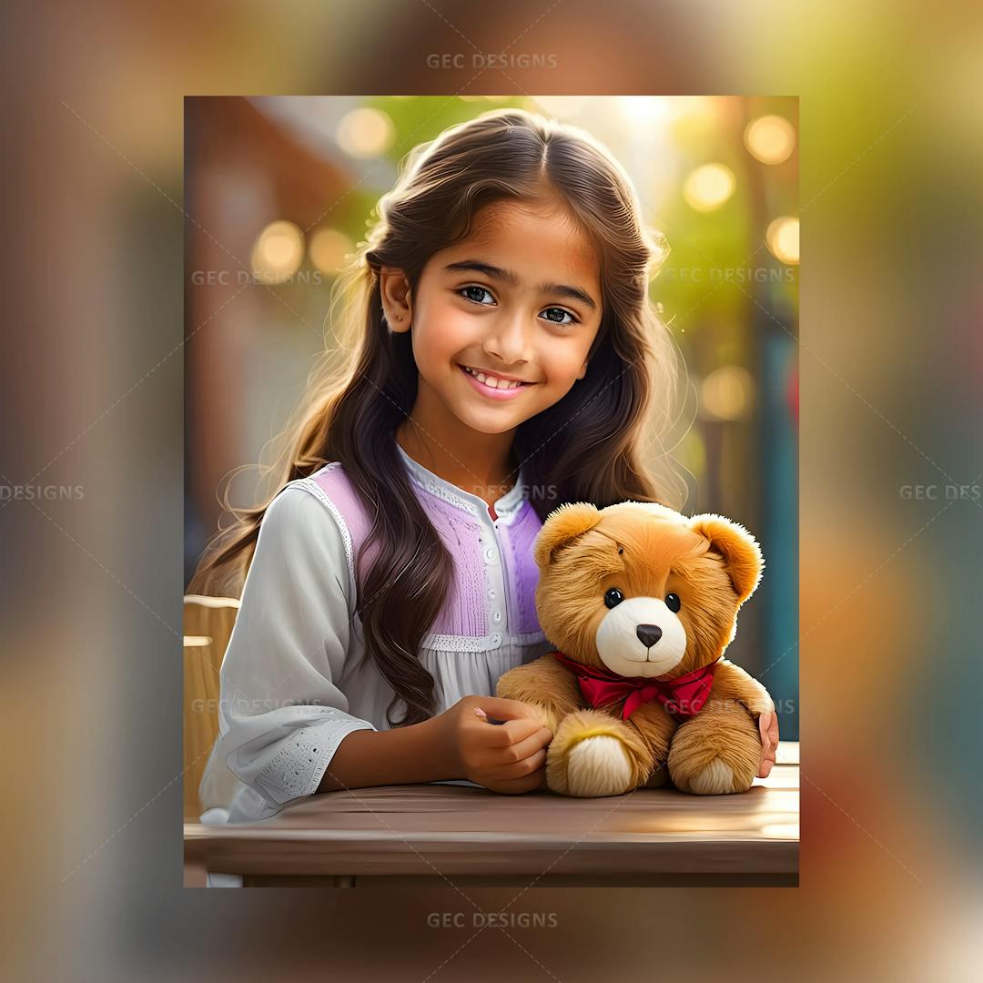 Little young girl with her teddy bear AI Generated wallpaper image