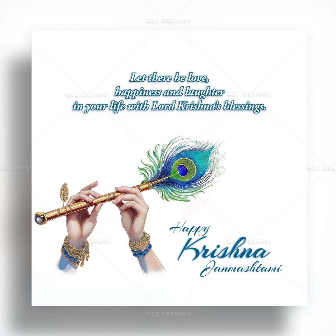 Lord Krishna Janmashtami 2024 poster, Krishna's flute with peacock feather wallpaper