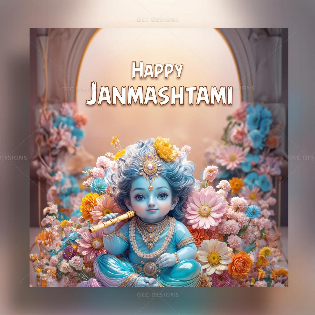 Lord Krishna Janmashtami image with cute blue little Krishna playing flute wallpaper