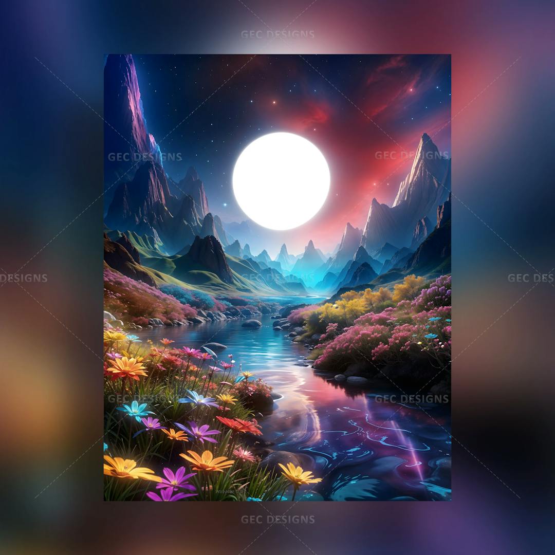 Magical fantasy landscape AI Generated wallpaper with neon lights background