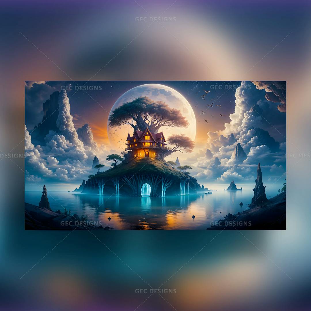 Magical mystery tree house at full moon day AI generated wallpaper surrounded by lake water