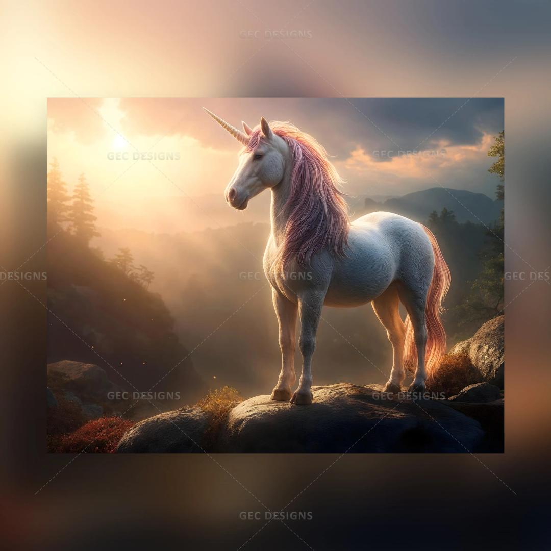 Magical unicorn wallpaper, misty sunrise background