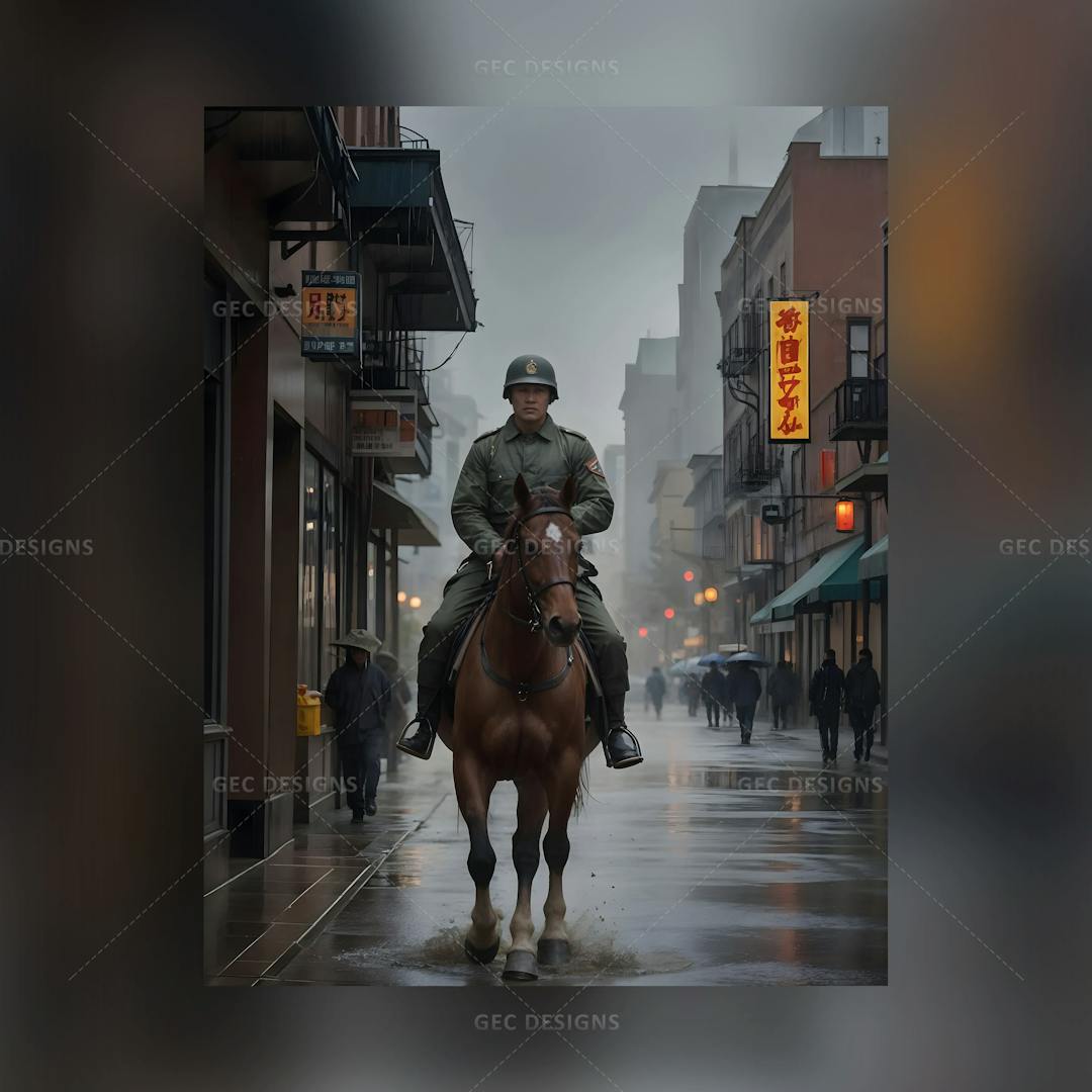 Man in Military uniform on horse, Chinese street background wallpaper