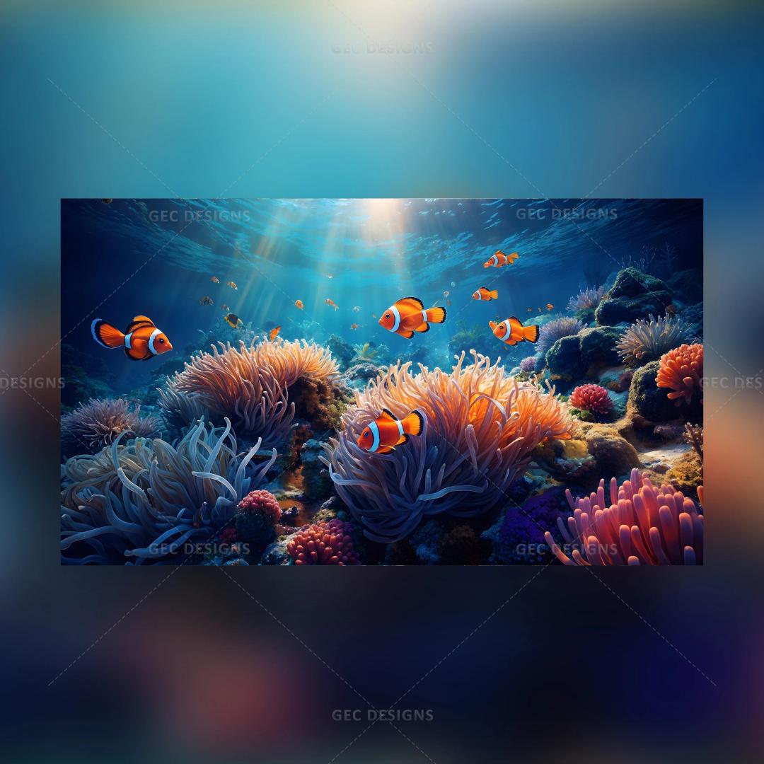 Marine life HD wallpaper with beautiful coral reefs and clownfish, Inspired by Finding Nemo AI Generated image