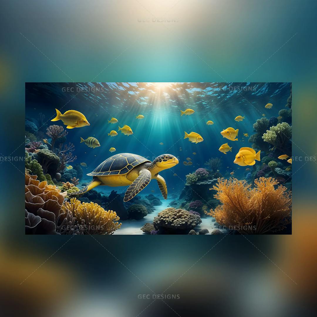 Marine life HD wallpaper with beautiful fishes, Coral reefs, and a tortoise AI Generated image