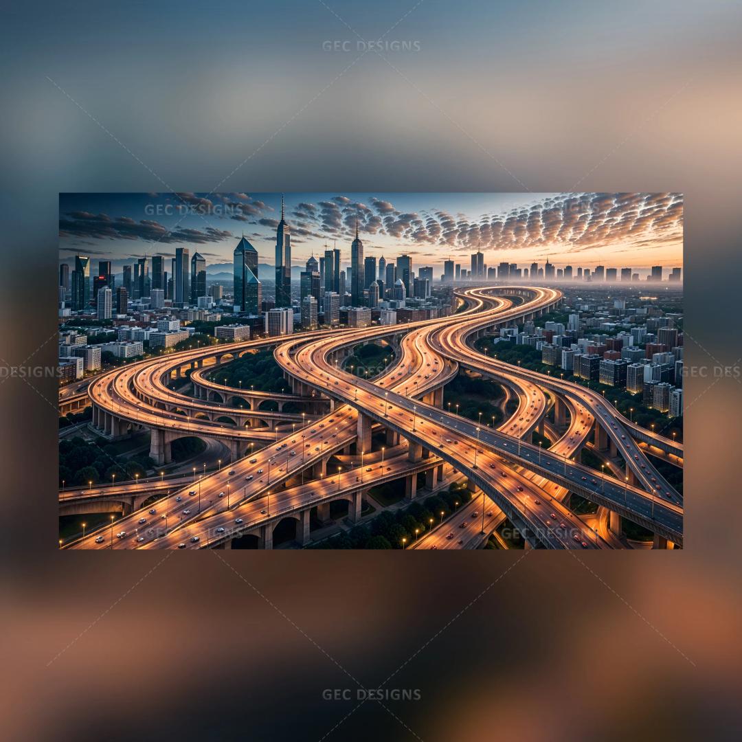 Metropolitan buildings, skyscrapers, highway traffic, night view, high angle view AI Generated wallpaper