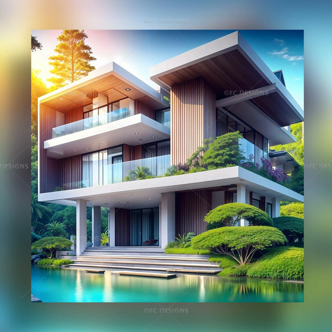 Modern luxury beautiful home with garden and swimming pool AI generated wallpaper