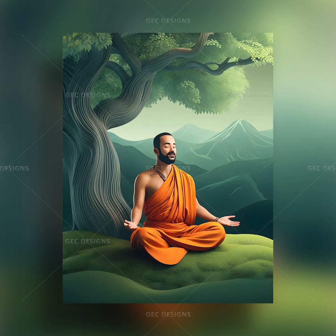 Monk meditates under a tree 3D AI Generated wallpaper, beautiful forest, mountain background