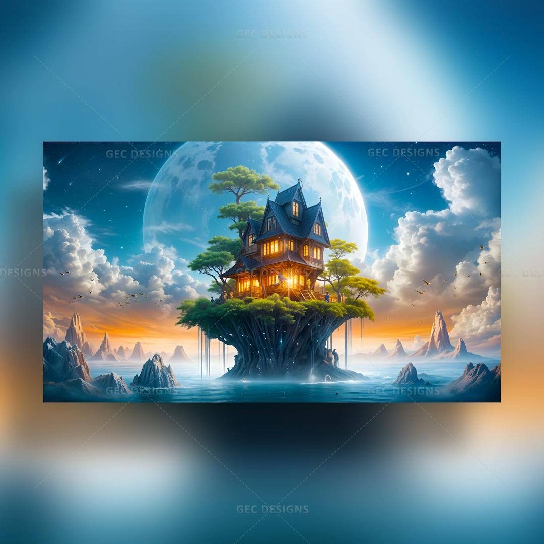 Mystery tree house on a floating isolated island AI Generated wallpaper with horror theme background