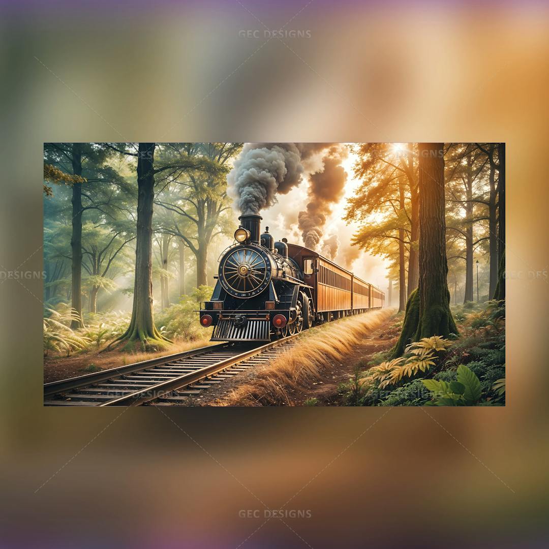 Old locomotive steam train chugs through dense forest AI Generated wallpaper