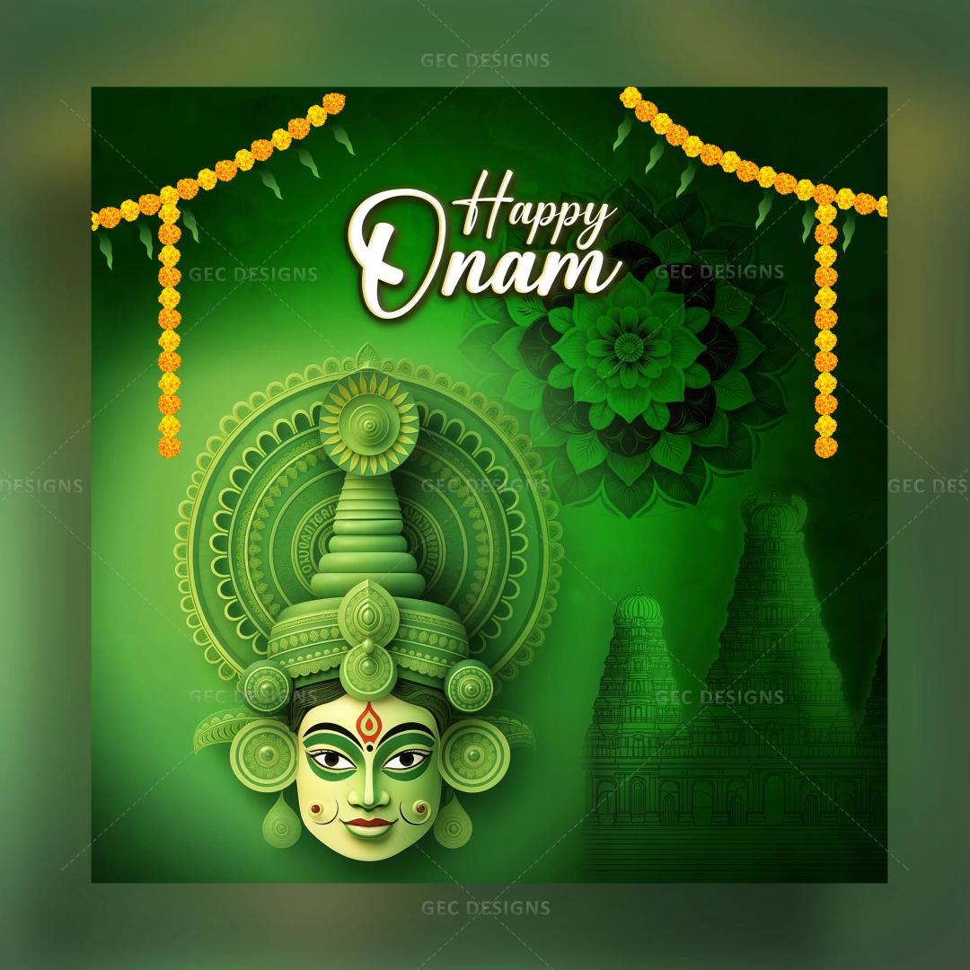 Onam 2024, celebrate Onam festival with Kathakali face and Athapookalam background wallpaper