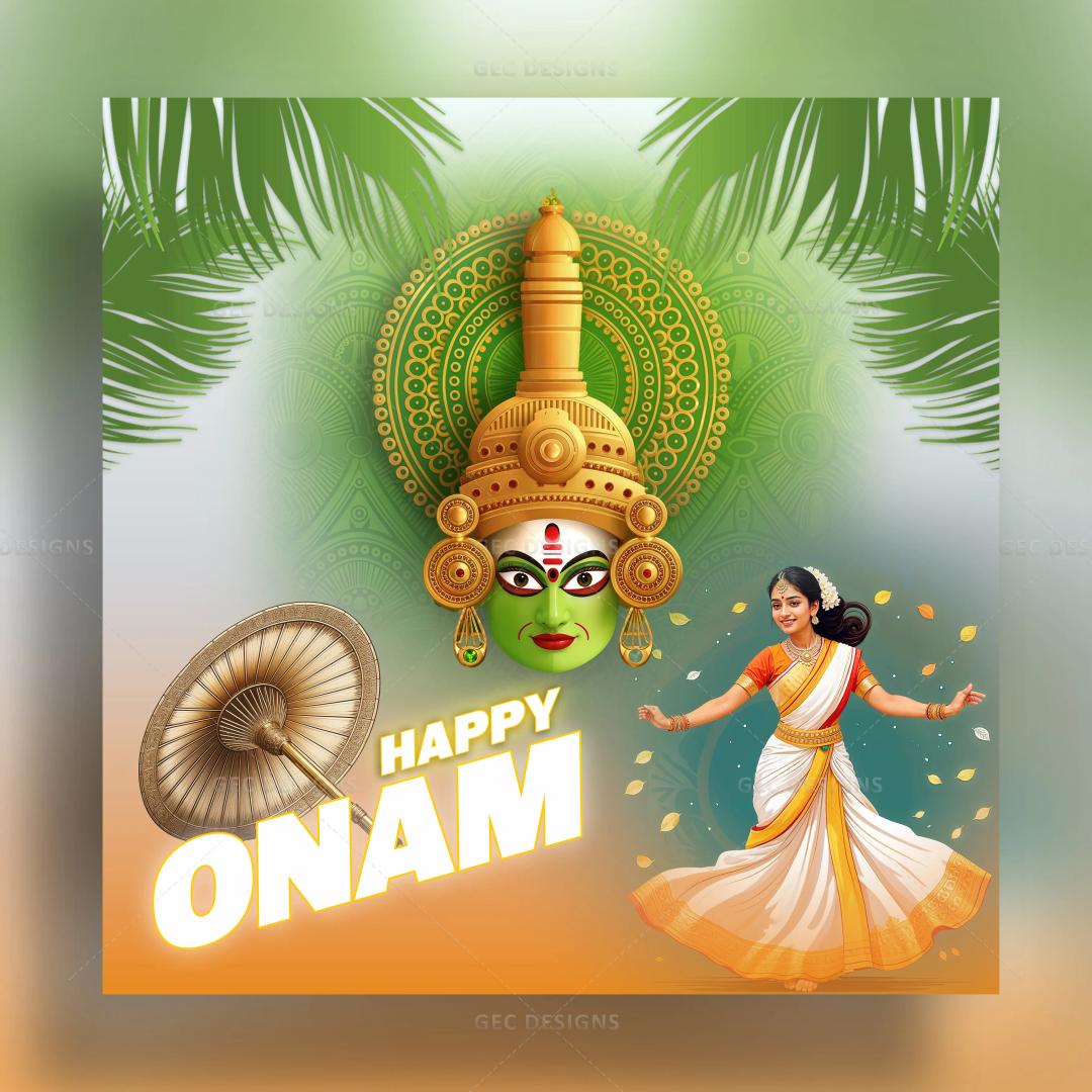 Onam 2024, celebrate Onam festival with Kathakali face and Olakkuda or palm leaf umbrella background wallpaper image