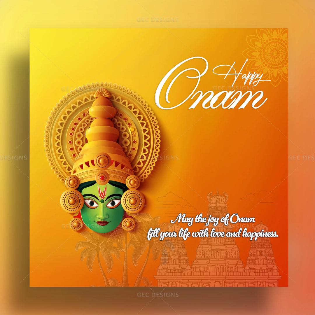 Onam 2024, Kathakali face background with Onam wishes image