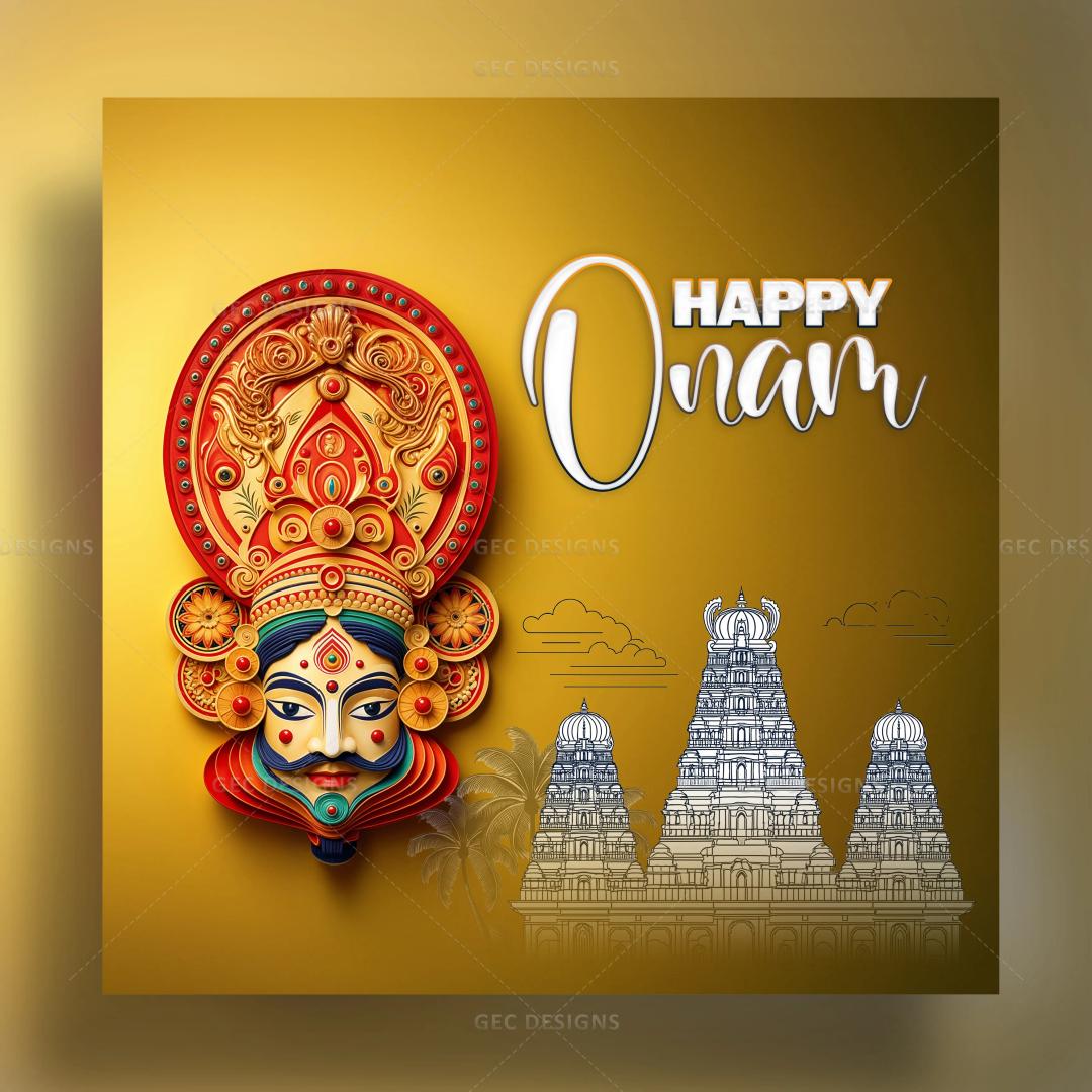 Onam 2024, Kerala festival celebration with Kathakali face vector illustration