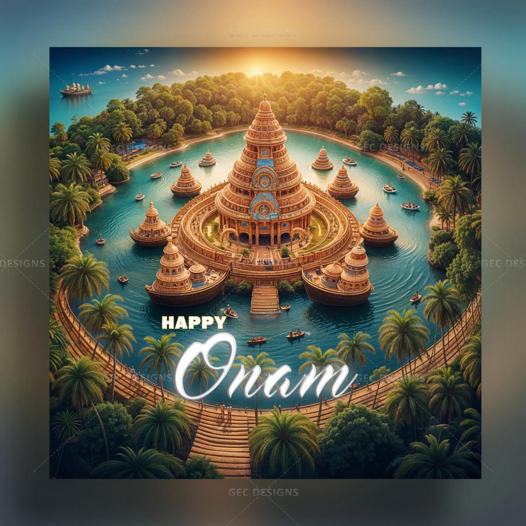 Onam 2024, Kerala traditional festival, Onam wishes with Creative Kerala backwaters theme Island background wallpaper