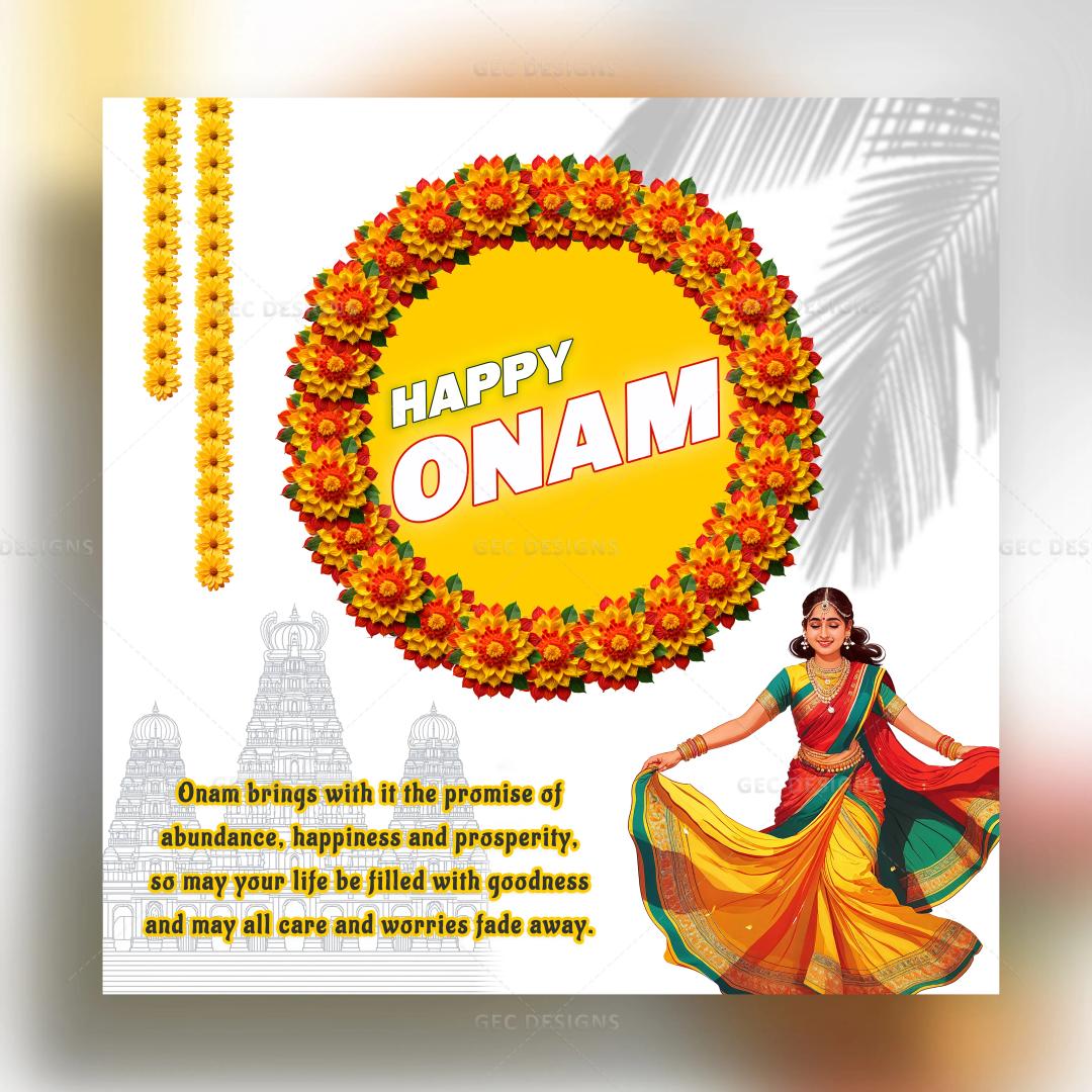 Onam 2024, Onam wishes with a floral text effect background image