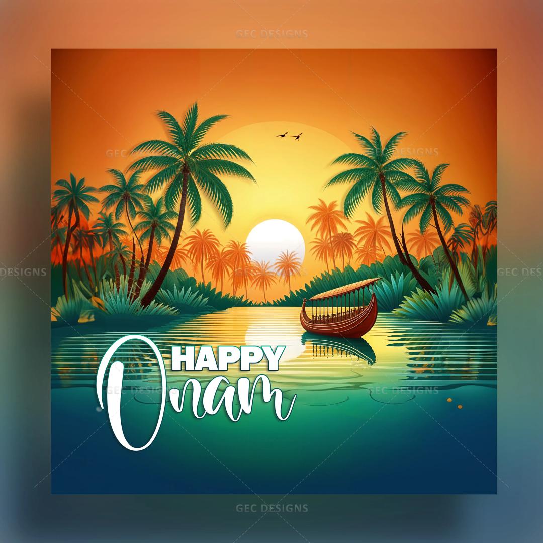 Onam 2024, Onam wishes with Vallam kali, coconut trees and Kerala backwater background