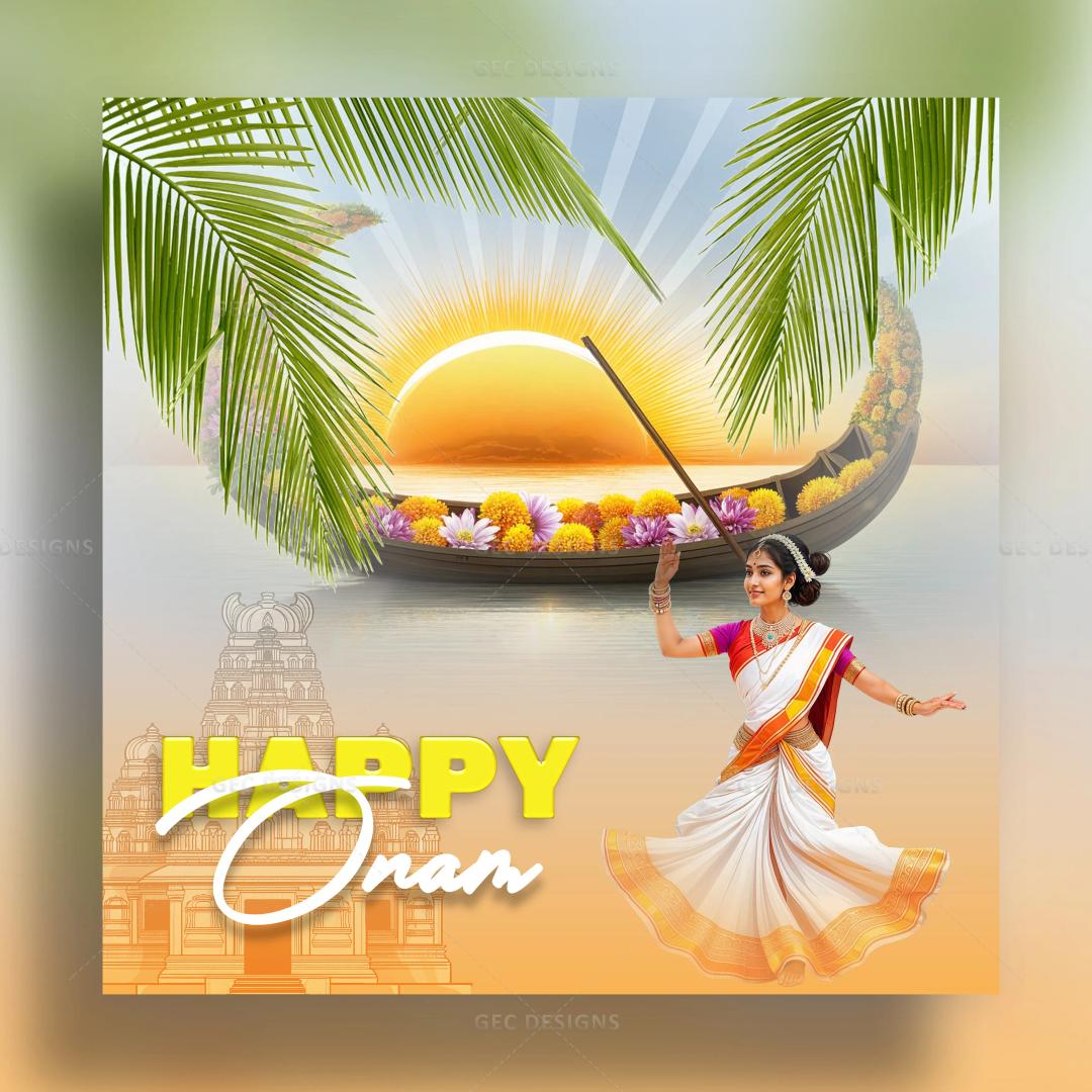 Onam 2024, Vallam Kali snake boat, coconut trees, and sunrise background image