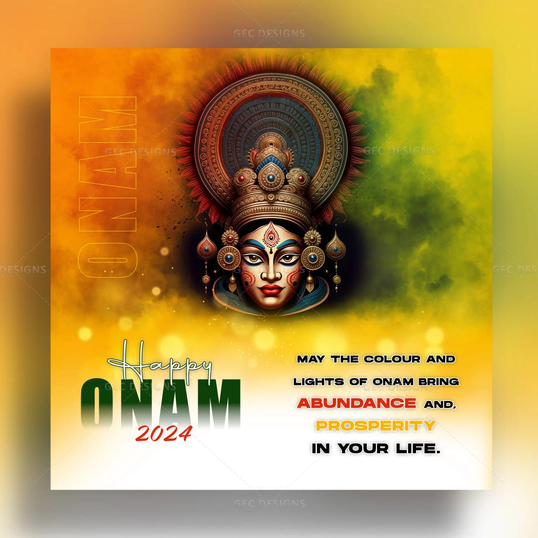 Onam 2024, wishes and greetings with Kathakali face background wallpaper