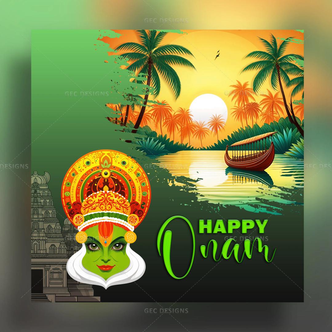 Onam wishes with Kathakali face and temple background wallpaper image