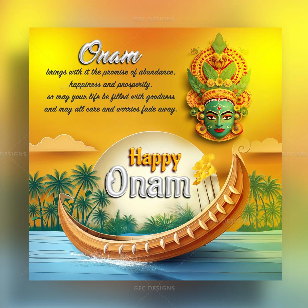 Onam wishes with Kathakali face, snake boat, and coconut trees wallpaper