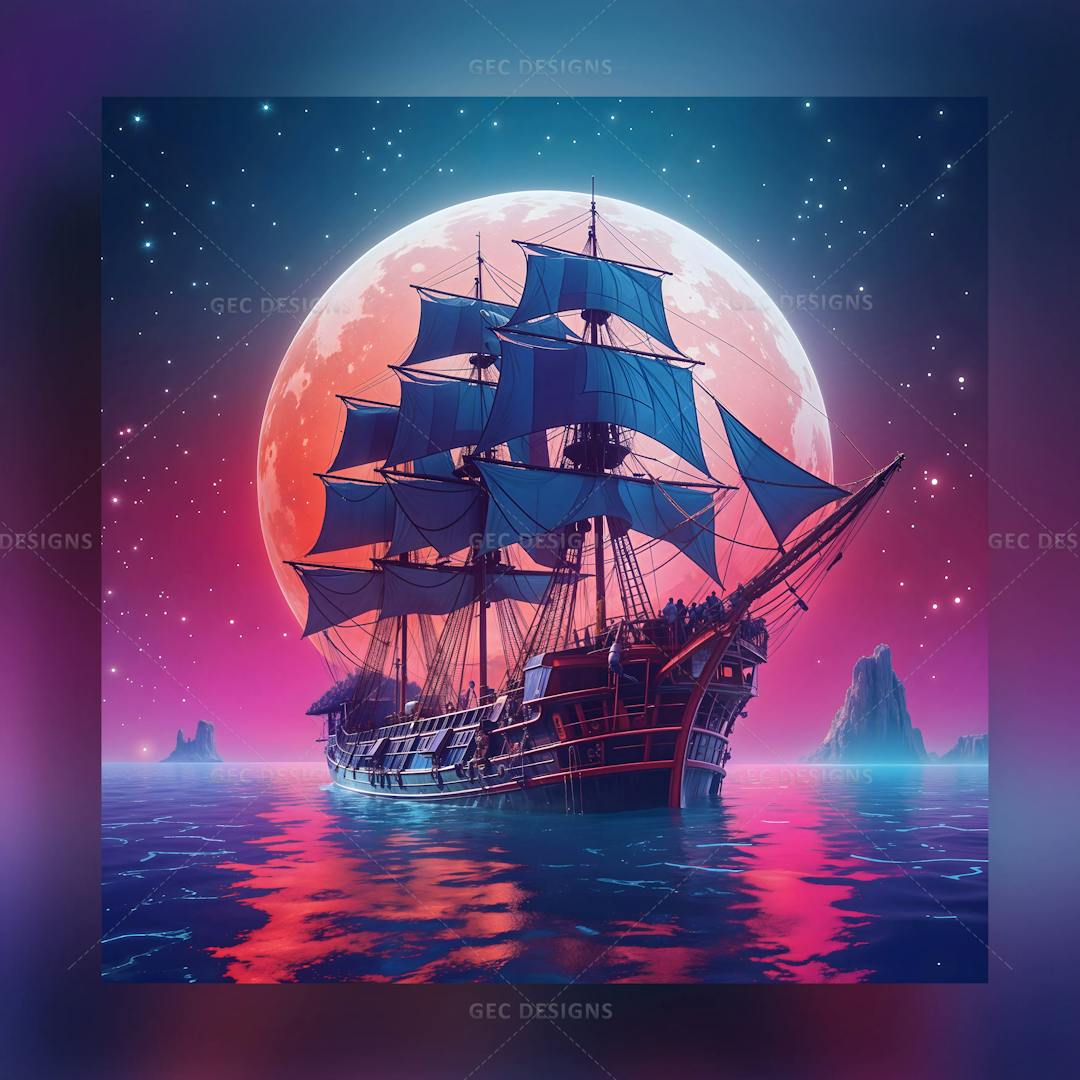 Pirate ship sailing on a sea wallpaper, inspired by Pirates of the Caribbean theme with a big moon background