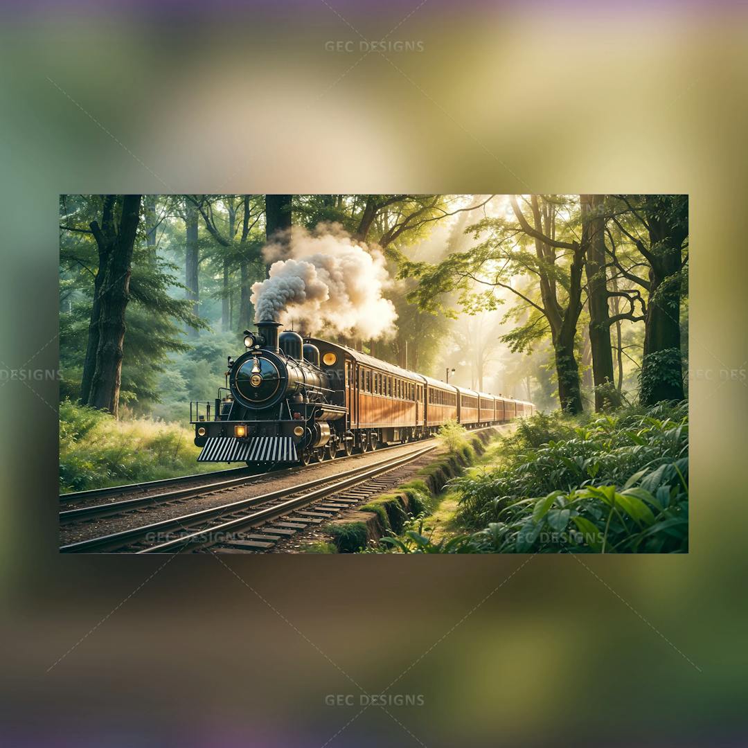 Powerful old steam train chugs through vibrant greenish forest surrounded by tall trees AI Generated wallpaper