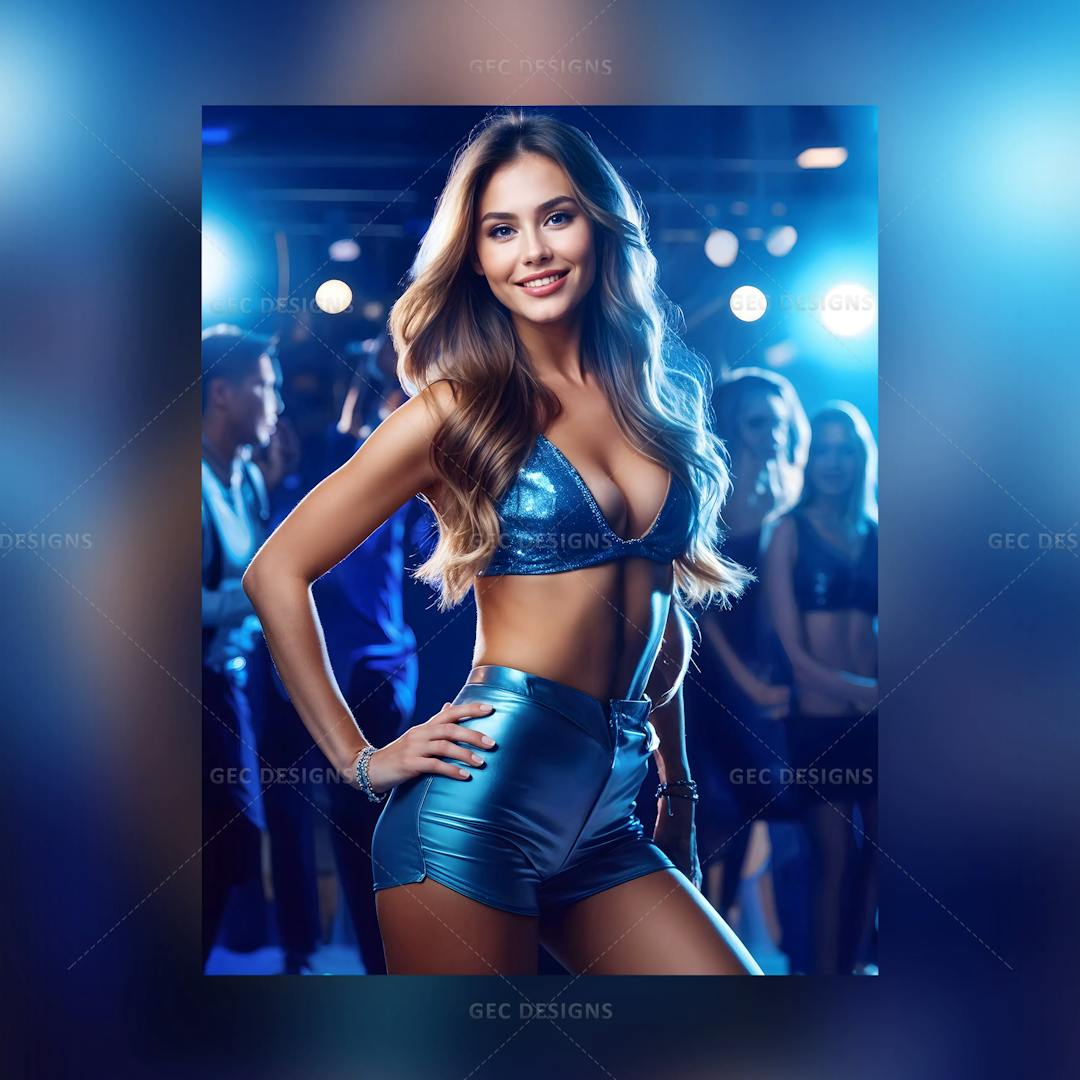 Pretty sexy young woman in a blue outfit, party background wallpaper