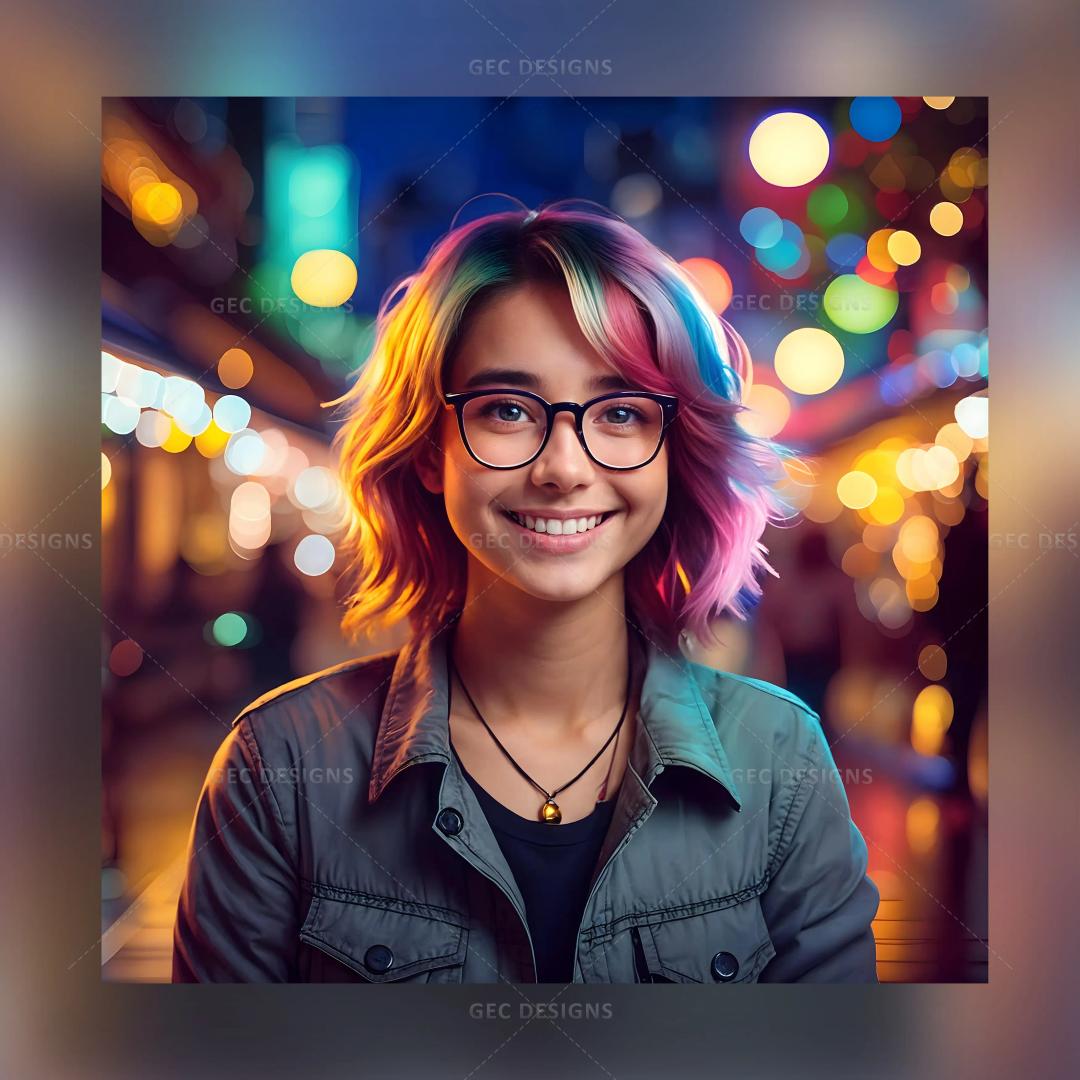 Pretty young woman wearing glasses with a bokeh light background AI Generated wallpaper