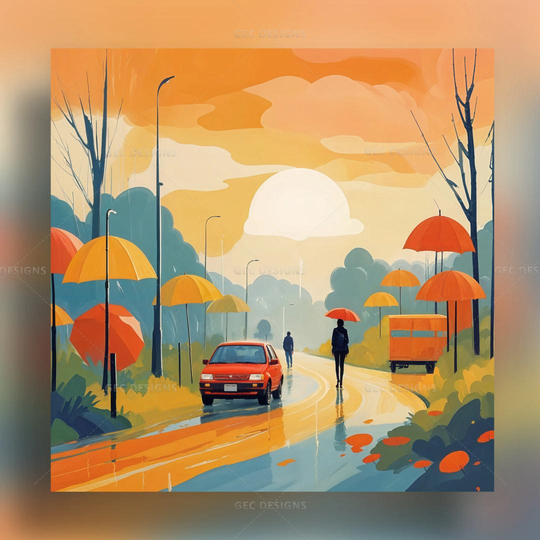 Rainy evening, walking in the rain with an umbrella, nature background, digital art wallpaper image