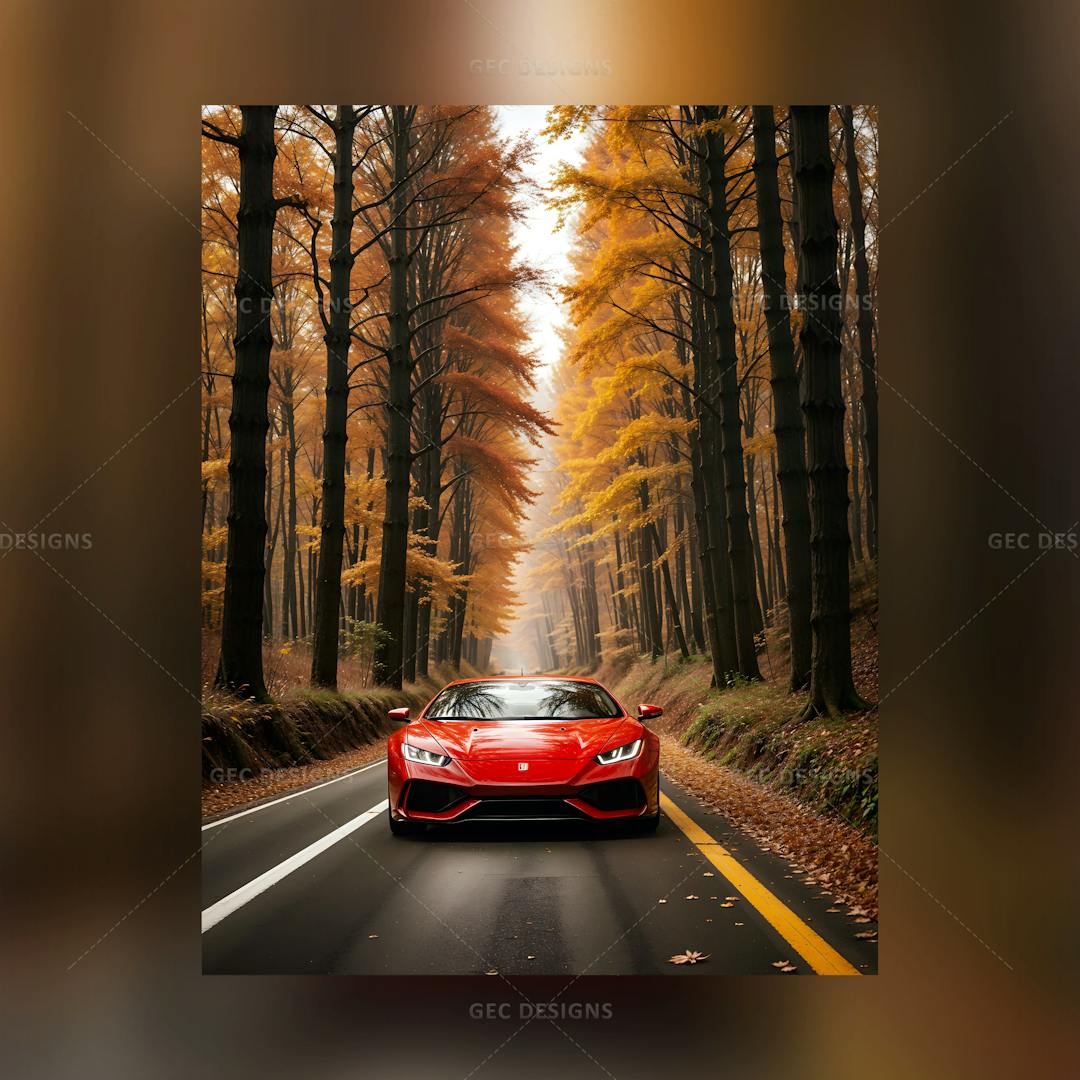 Red Lamborghini in a beautiful forest background AI Generated wallpaper