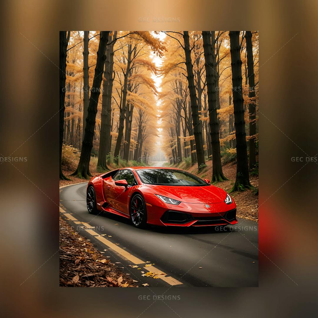 Red Lamborghini on forest road wallpaper