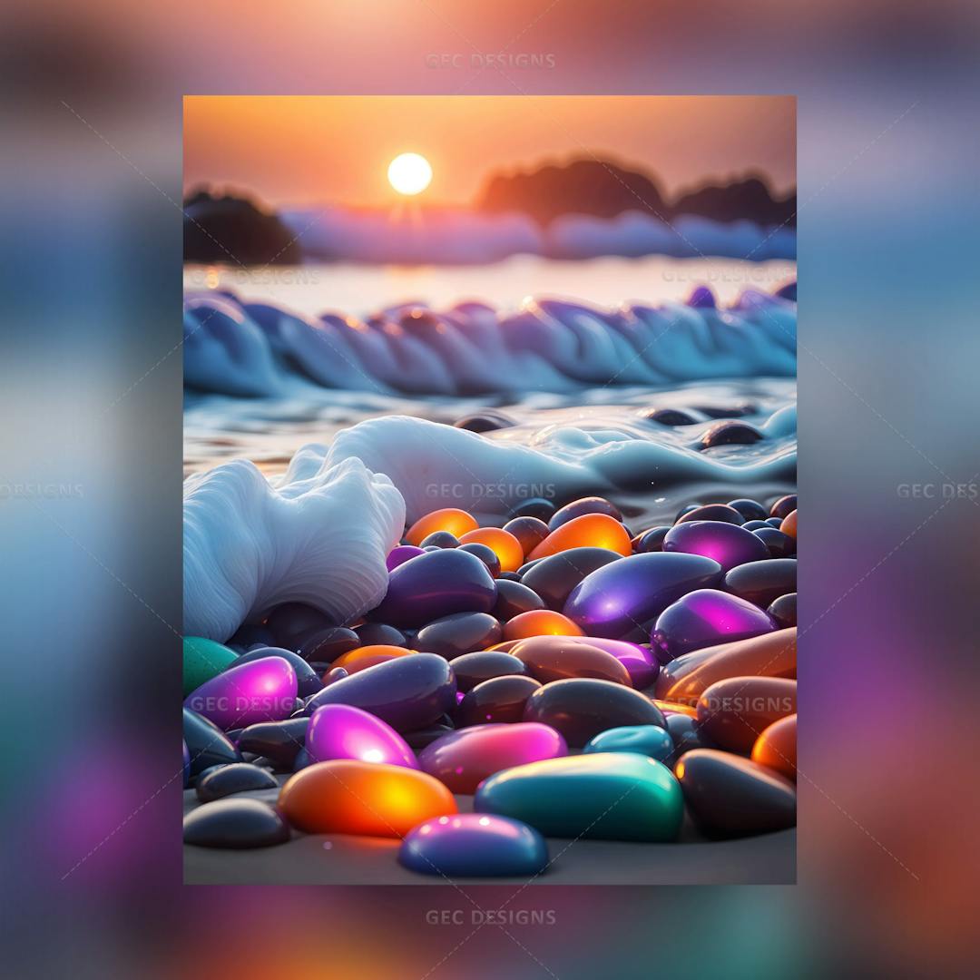 Rocky beach with colorful pebbles along the sea shore by ocean foamy tides AI generated wallpaper
