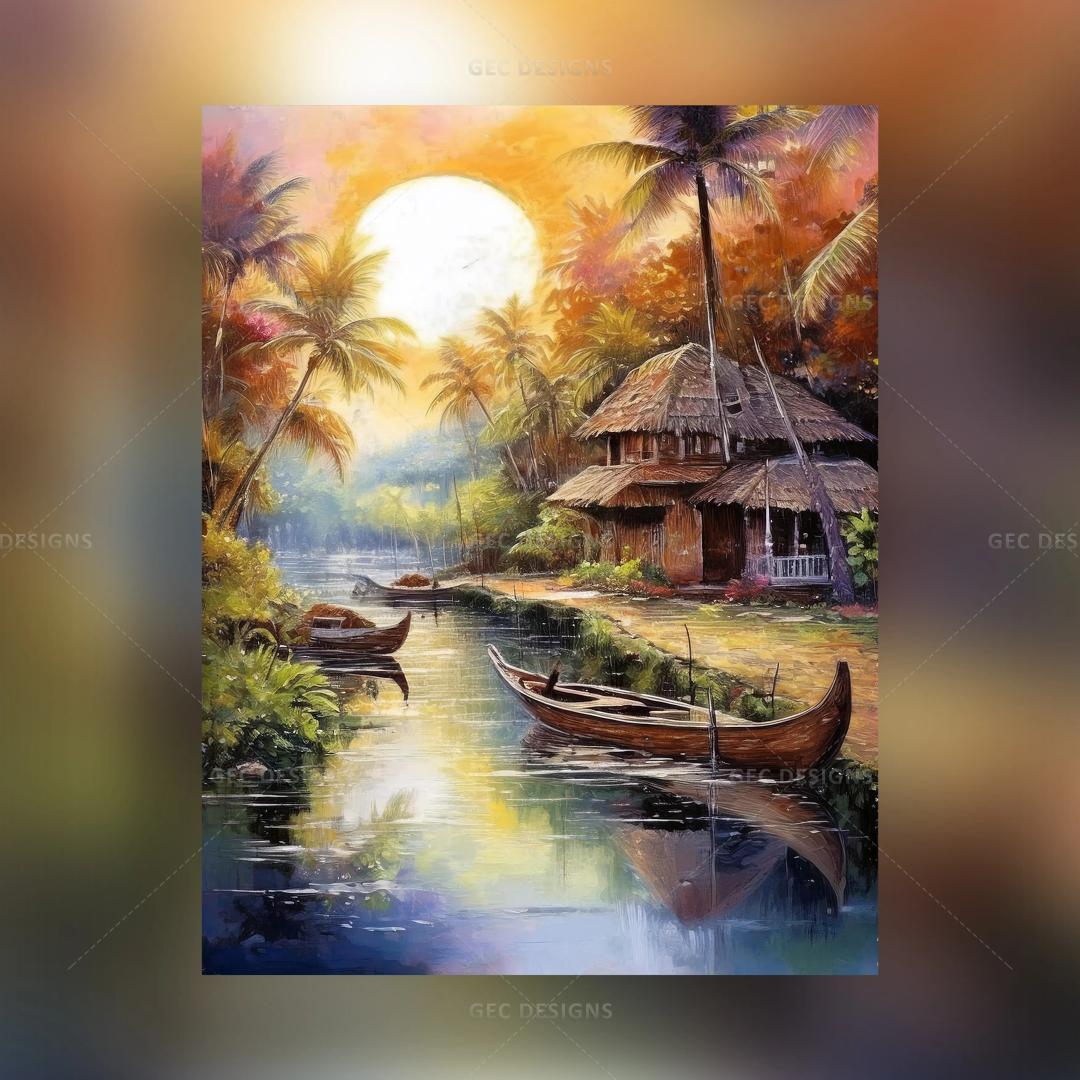 Rural nature landscape with backwaters, sunrise, and coconut trees AI Generated wallpaper