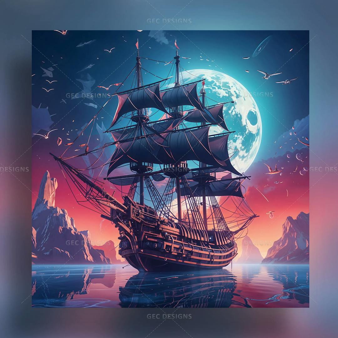 Sailing ship in the sea wallpaper, pirate ship on the ocean at full moon background
