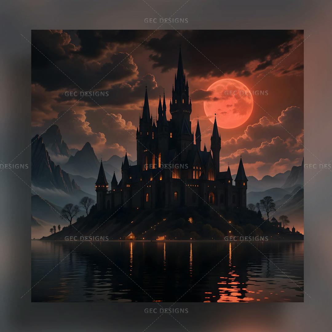 Scary castle with red full moon background surrounded by water AI Generated wallpaper