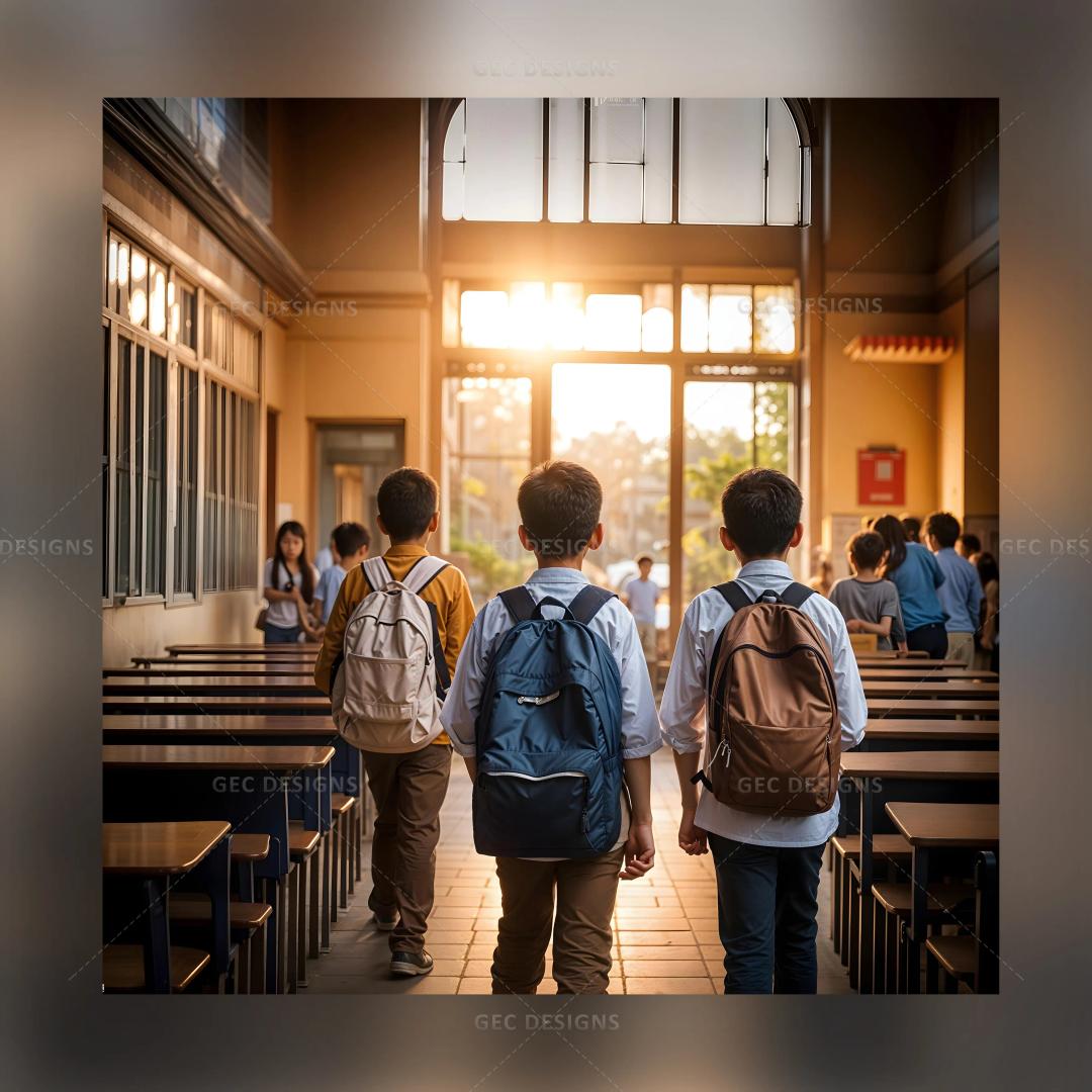 School kids in a classroom with backpack AI Generated wallpaper