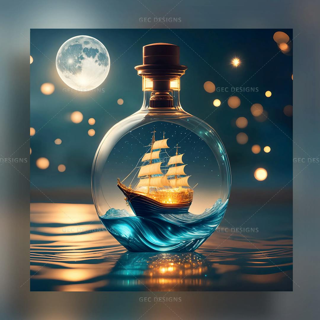 Ship in a bottle AI Generated wallpaper with a dark background